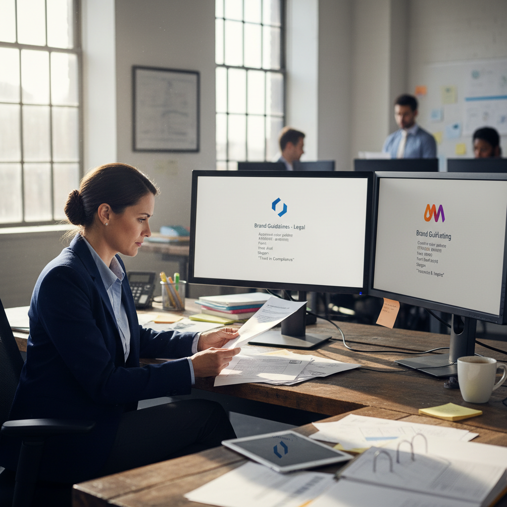 Compliance manager reviewing conflicting brand guidelines on multiple screens