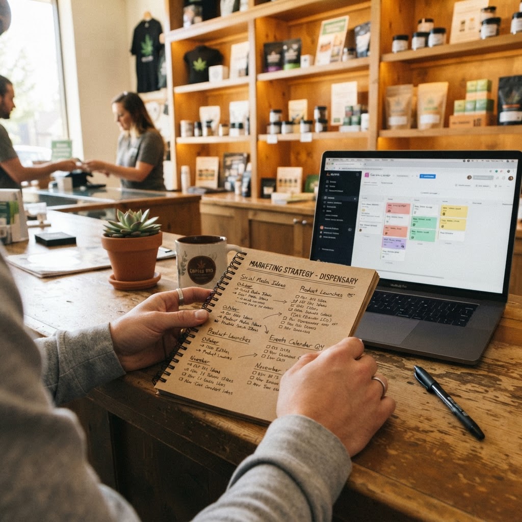 Marketing planning notebook on a dispensary counter