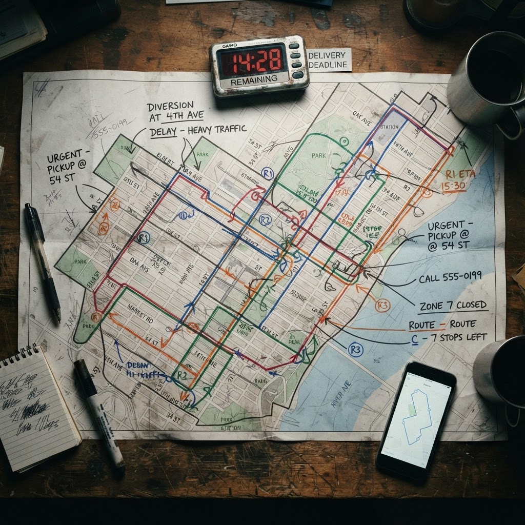 Printed delivery zone map with route lines and operational notes