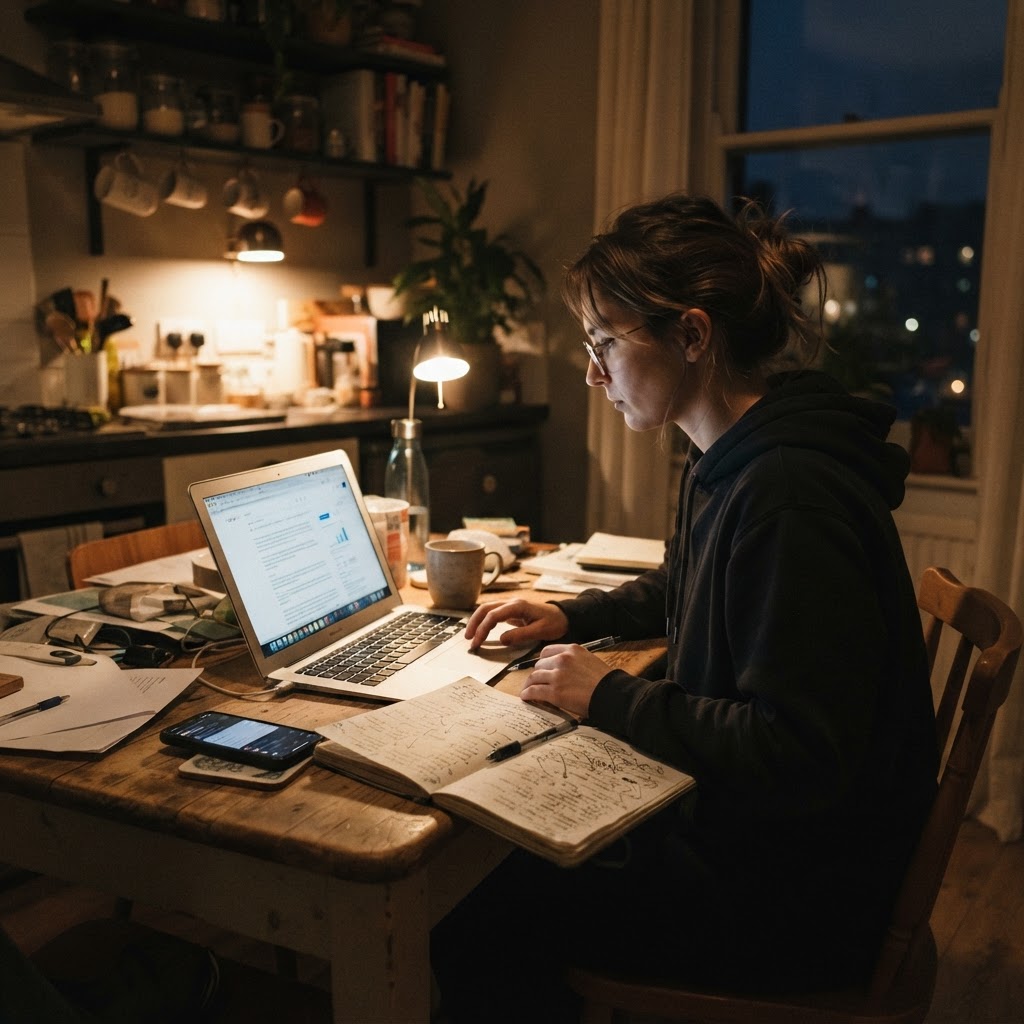 Candid phone photo of a marketer reviewing an AI answer and handwritten source notes at home