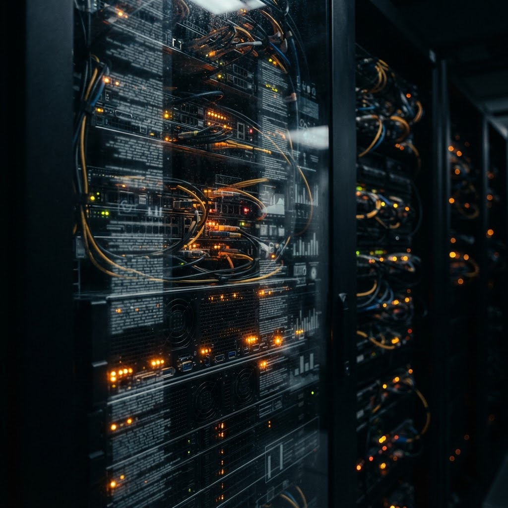 The hidden cost is often the context the agent keeps rereading. A server rack with repeated context documents reflected across its dark glass