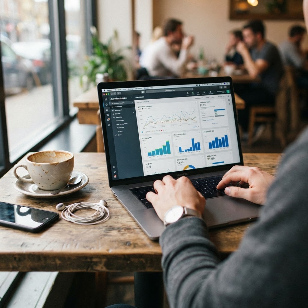 Checking targets before Google checks them for you. Reviewing campaign targets in a coffee shop
