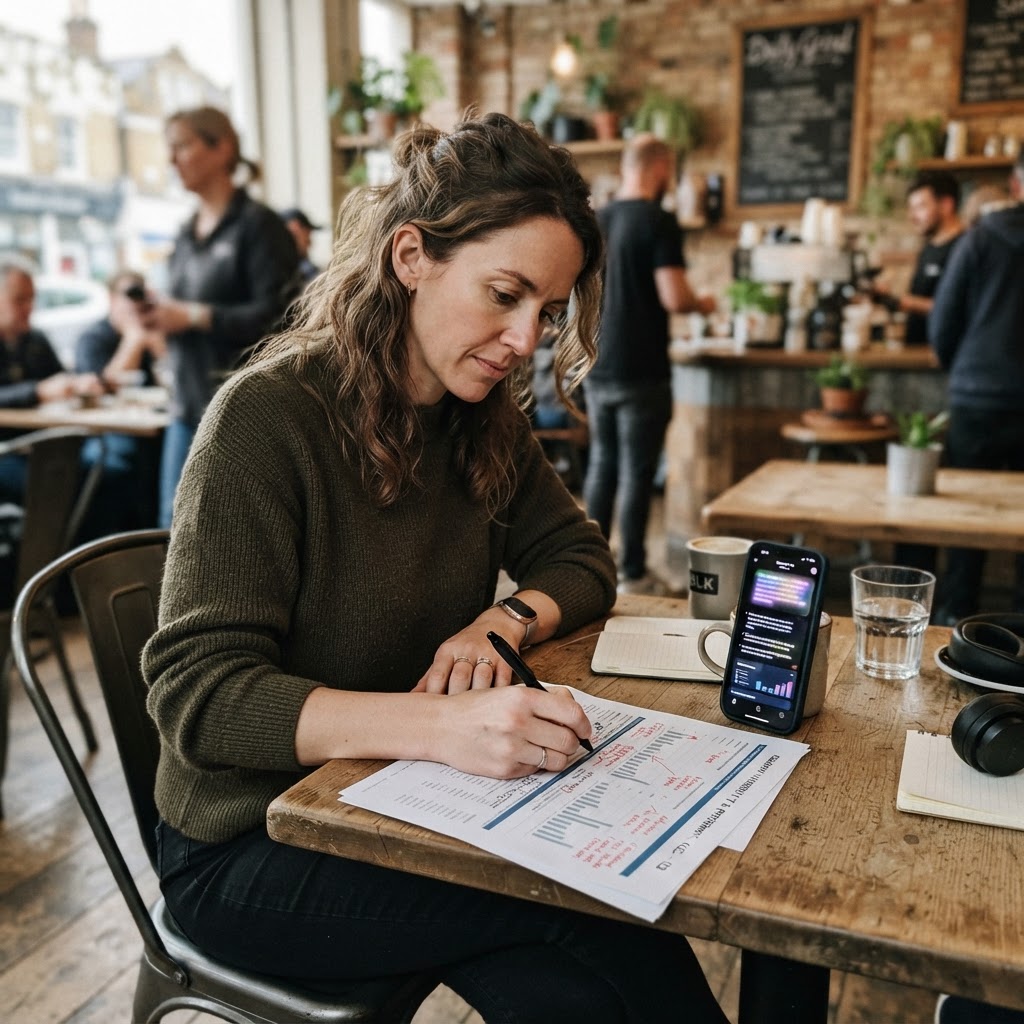 Strategist marking up a search visibility report in a coffee shop