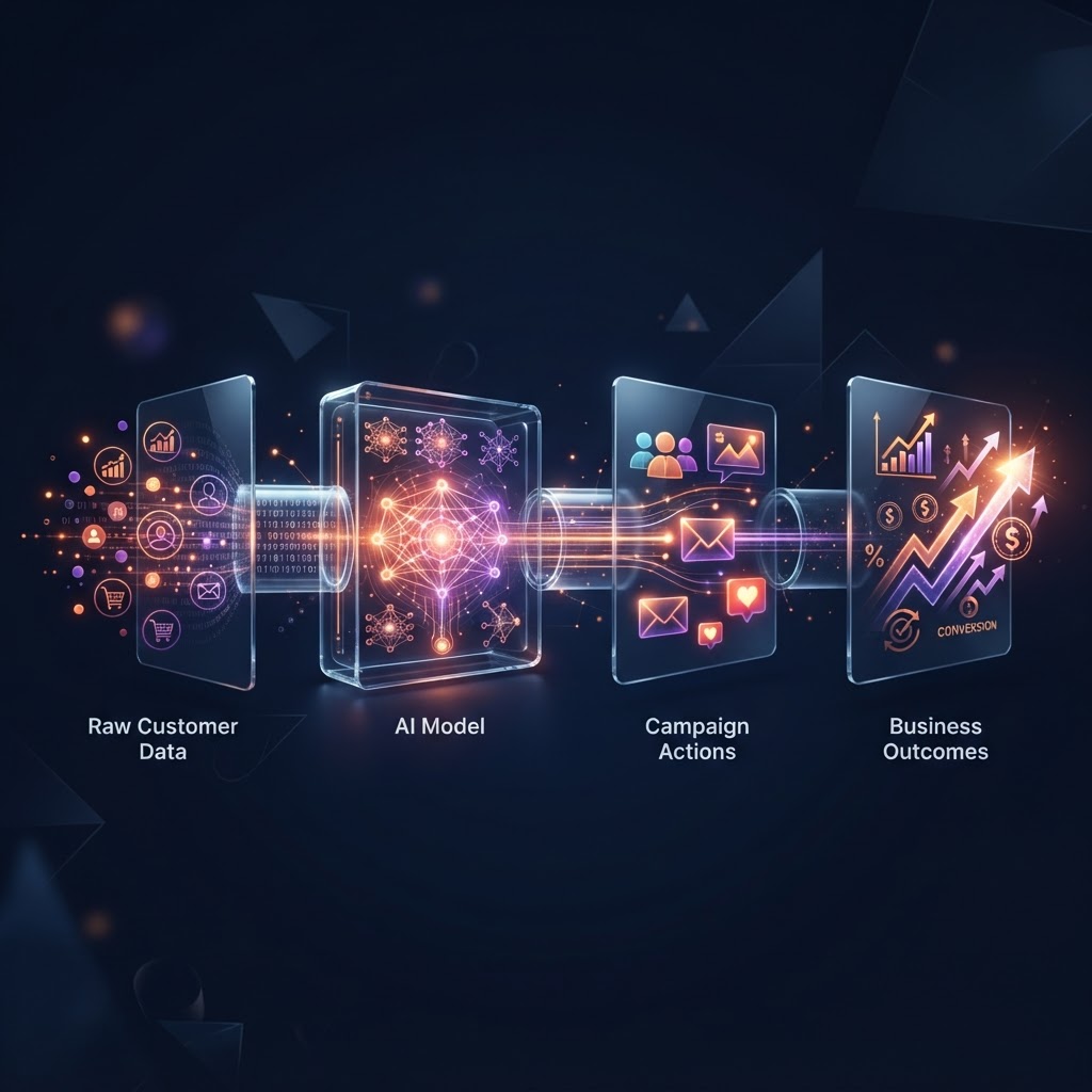 AI marketing decision pipeline moving from evidence through approval gates to business outcomes