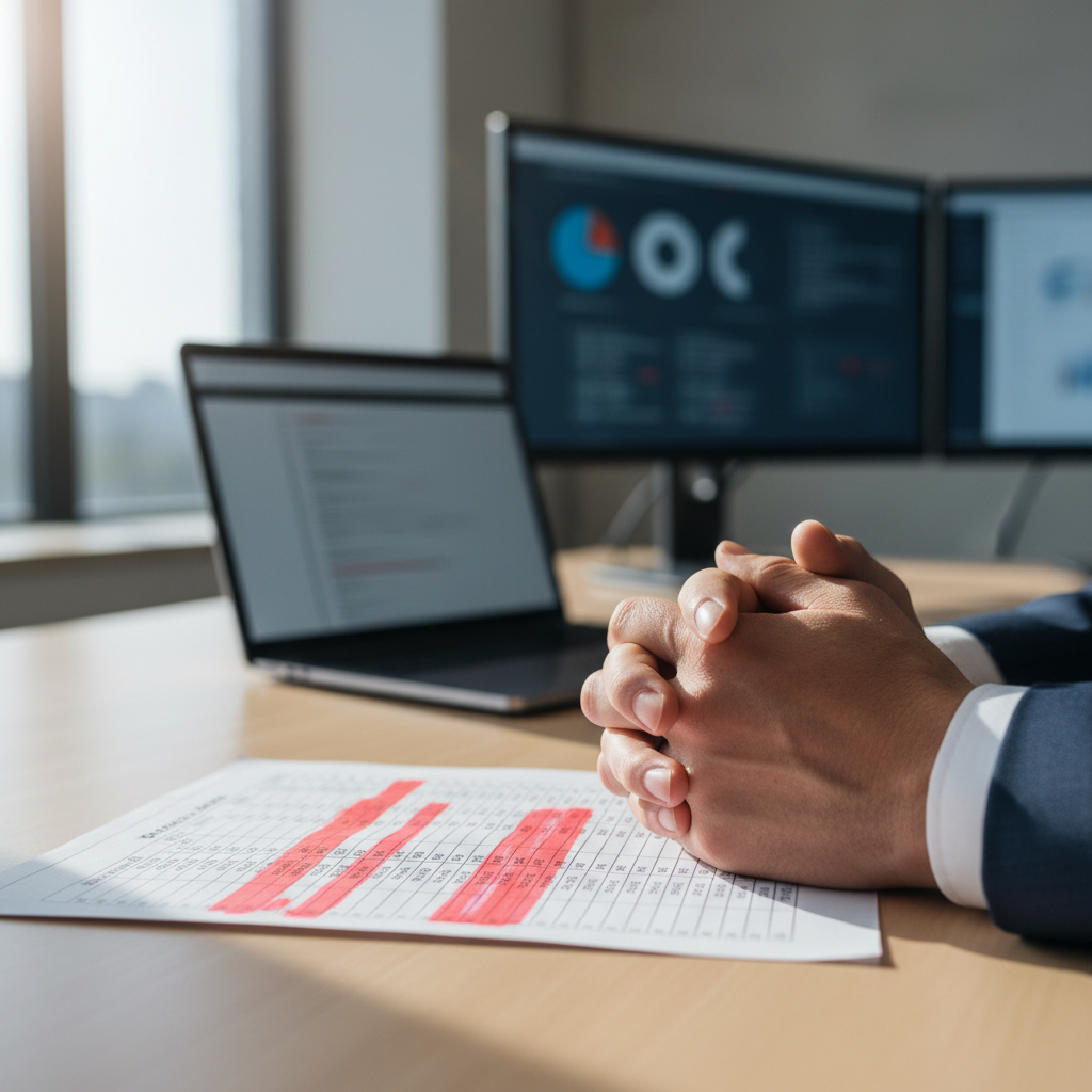 CFO hands holding budget spreadsheet with red highlighted sections