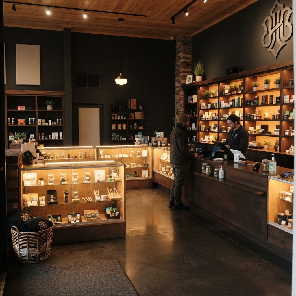 A real cannabis dispensary interior with product displays and warm lighting