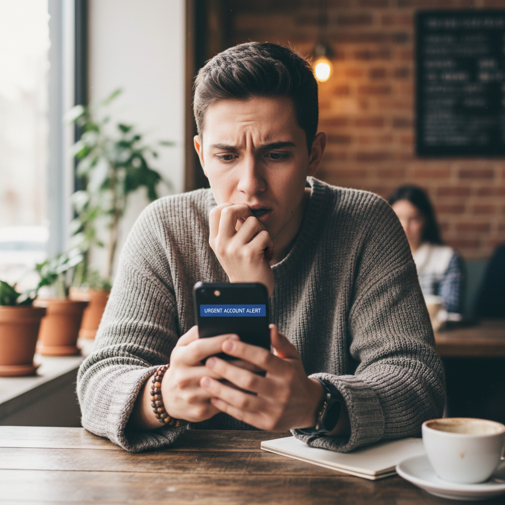 Person looking concerned at phone notification indoors
