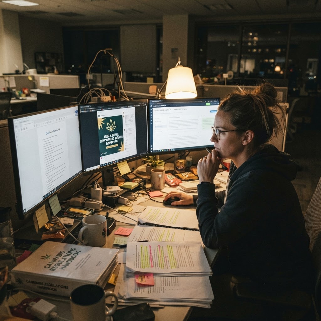 Compliance officer reviewing AI tools and regulations late into the evening at their desk