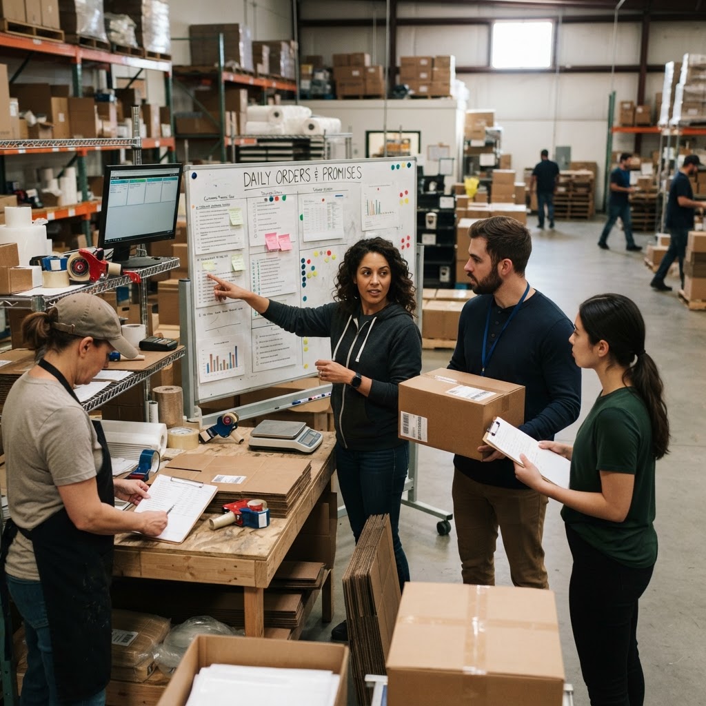 A small ecommerce team checks an order handoff in a working warehouse