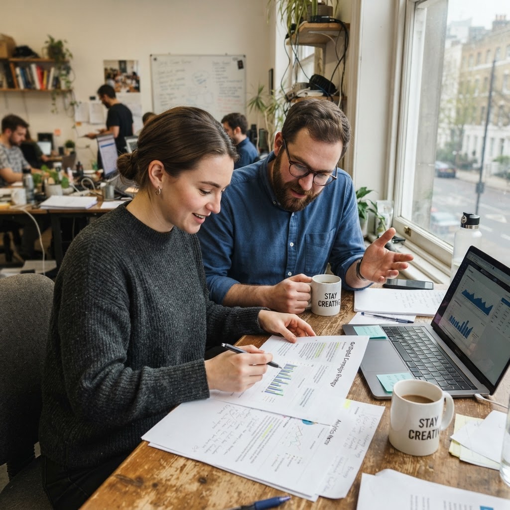 Two marketers reviewing a campaign brief and measurement notes in a small office