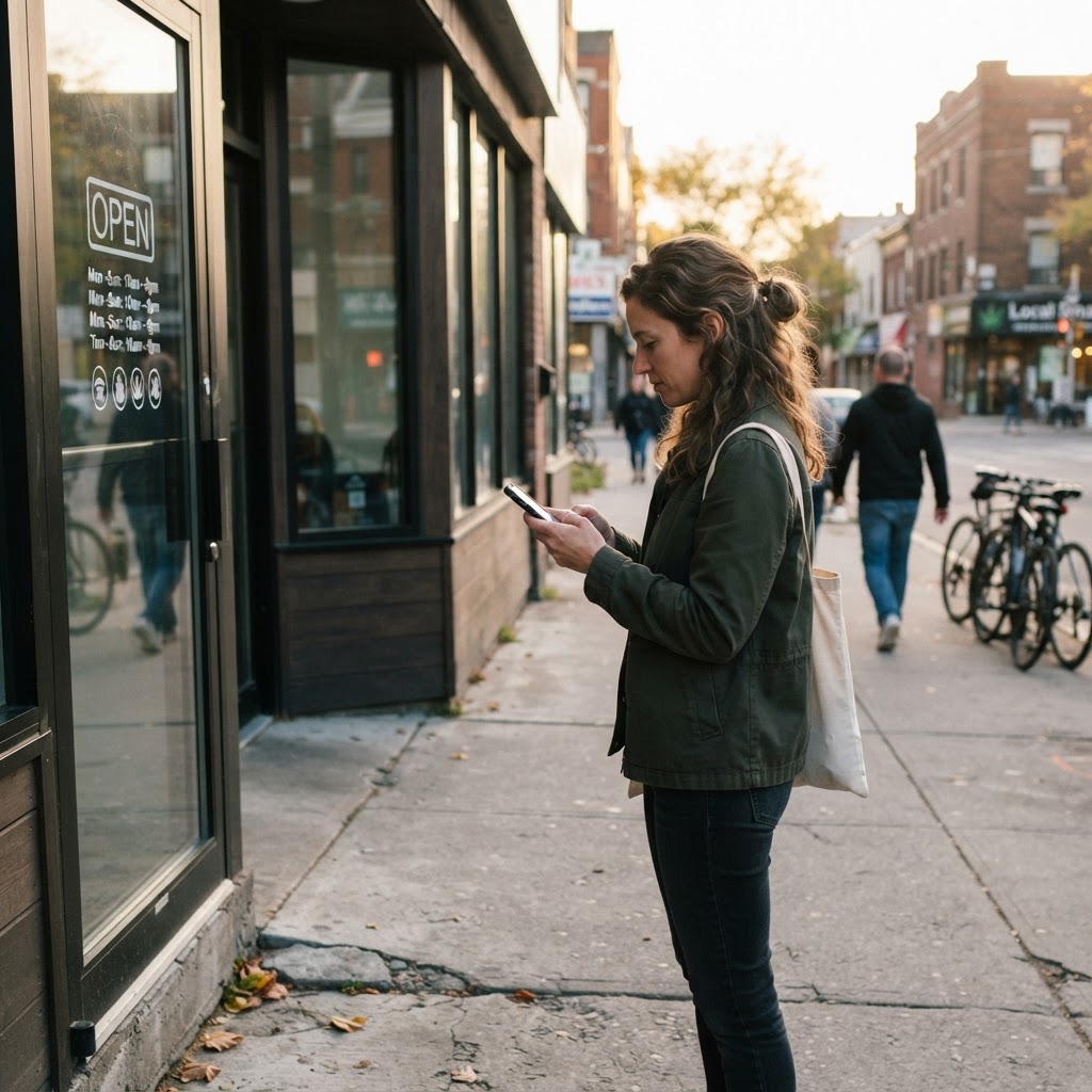 A customer checking dispensary hours and product availability on a phone outside a licensed store