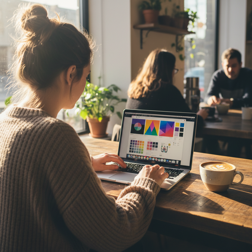 Candid photo of a person at a coffee shop on a MacBook reviewing a design tool interface
