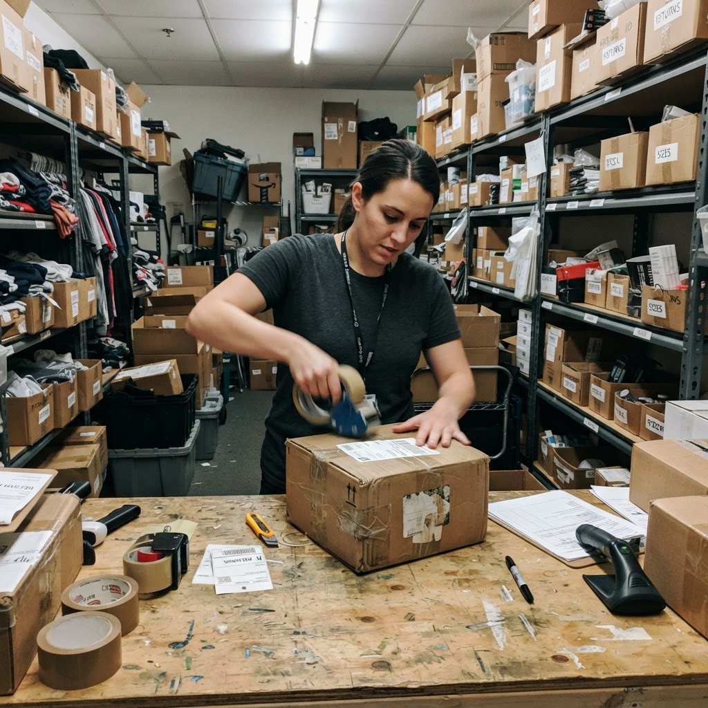 A candid smartphone photo inside a small retail stockroom where an employee processes a returned parcel