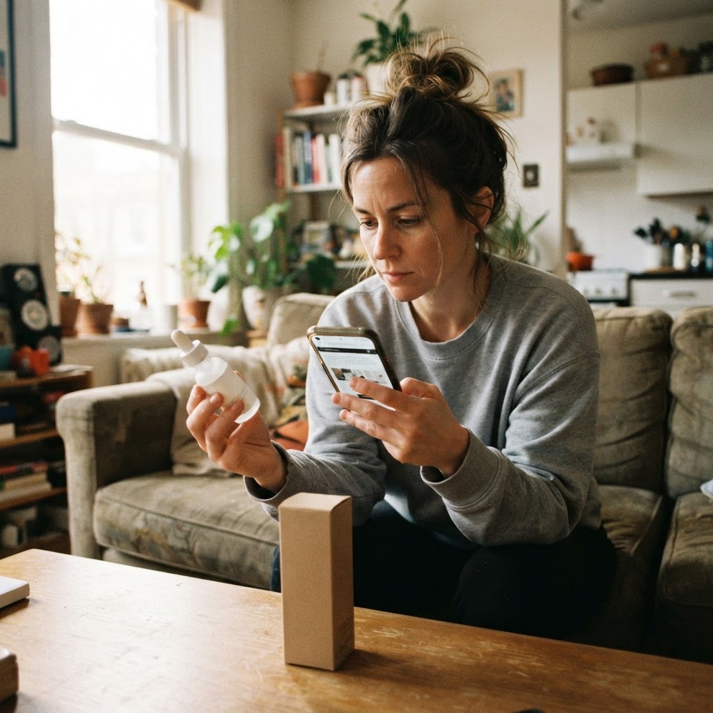 Candid shopper checking product details at home
