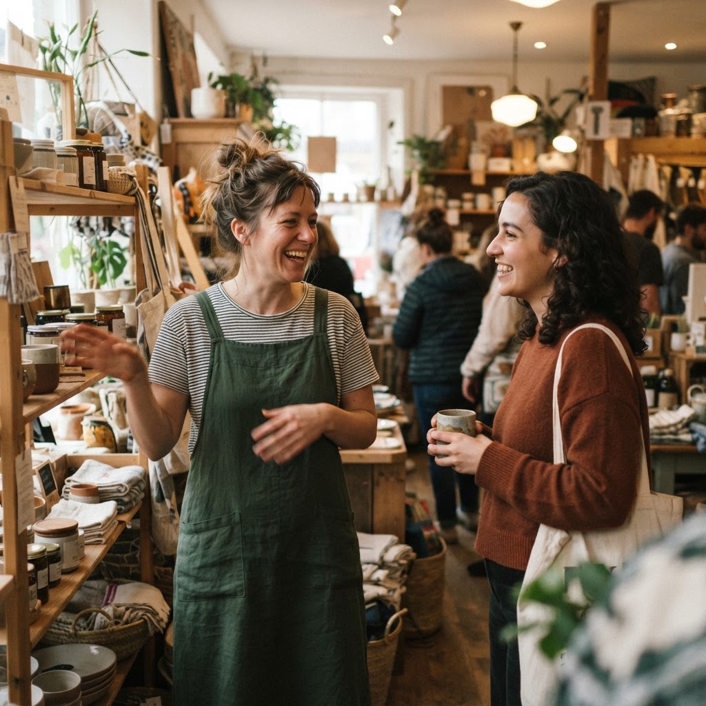 A customer and retail staff member having a natural product conversation in a small shop