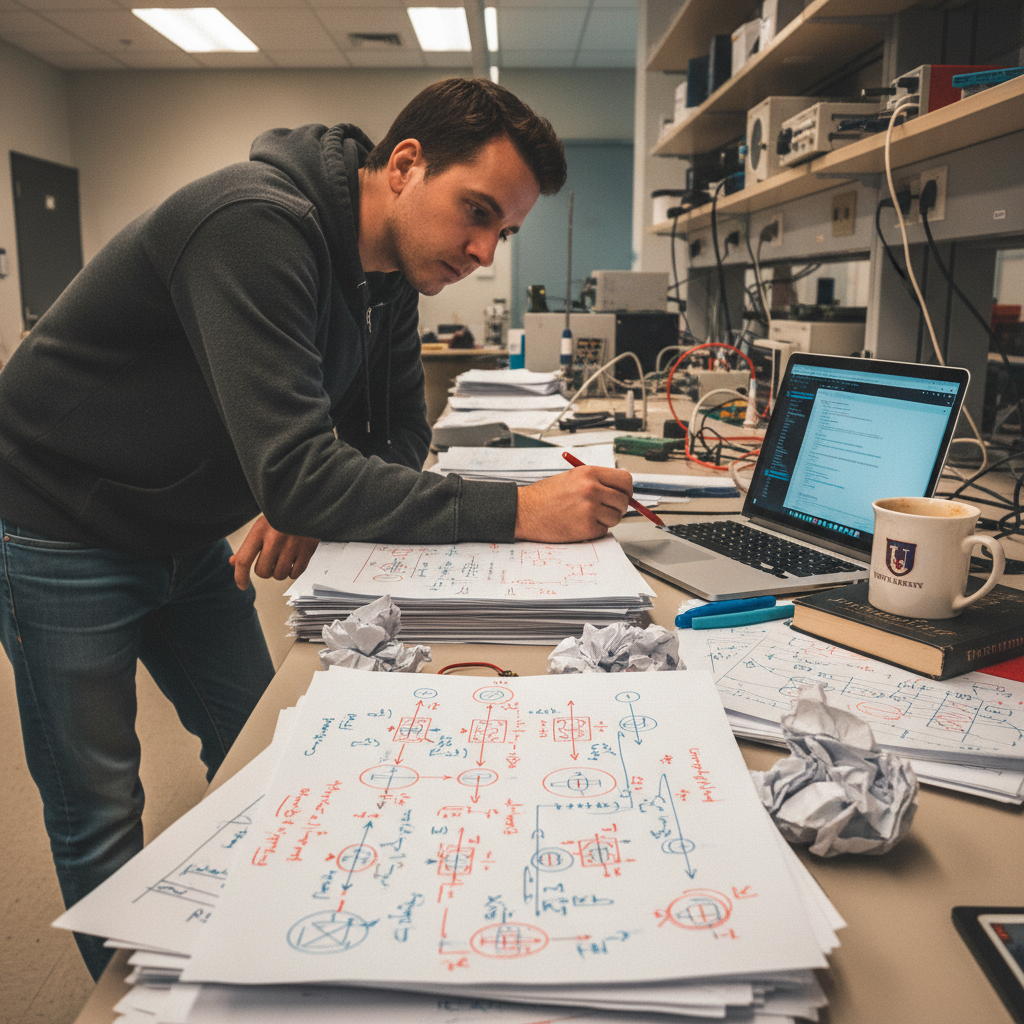 AI researcher reviewing neuro-symbolic model architecture papers with annotations