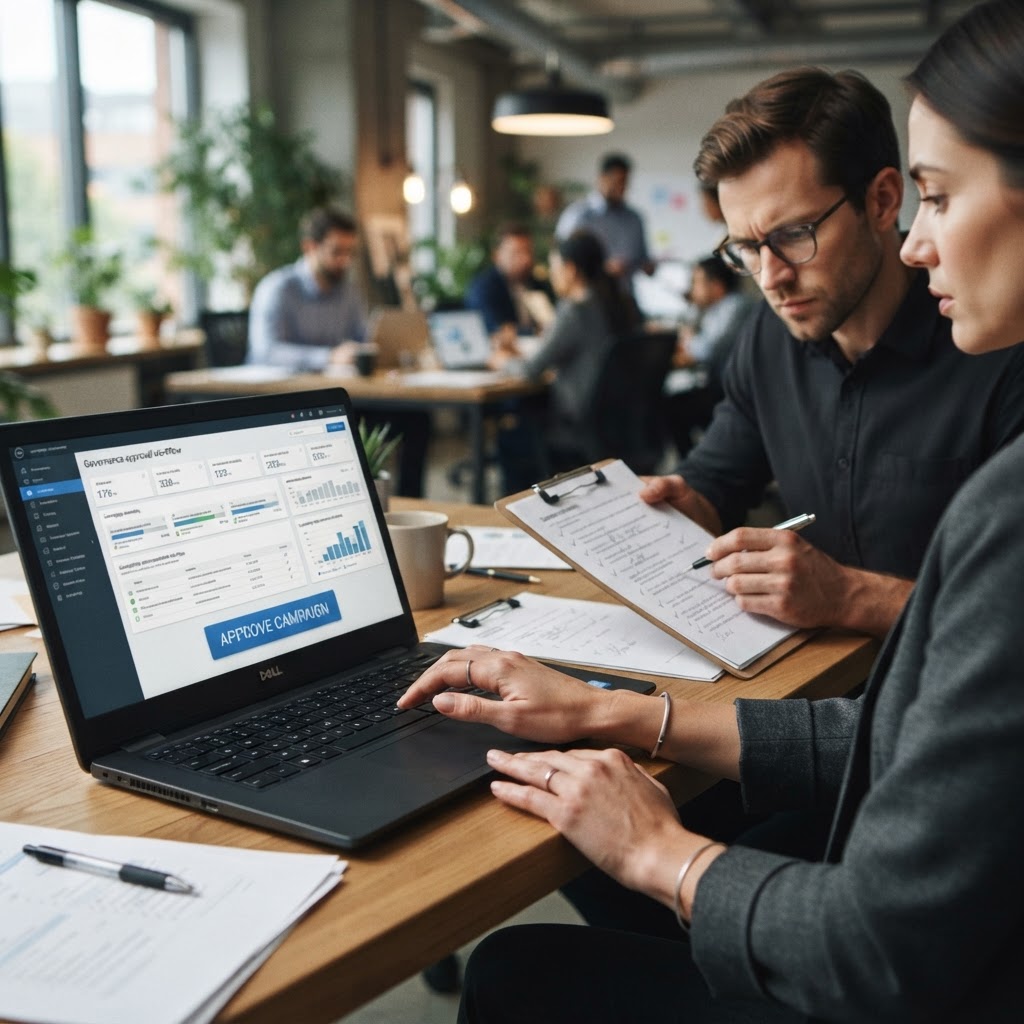 Automation should move quickly inside a boundary, not redraw the boundary A hand hovering over a campaign approval button while another person checks a rule list