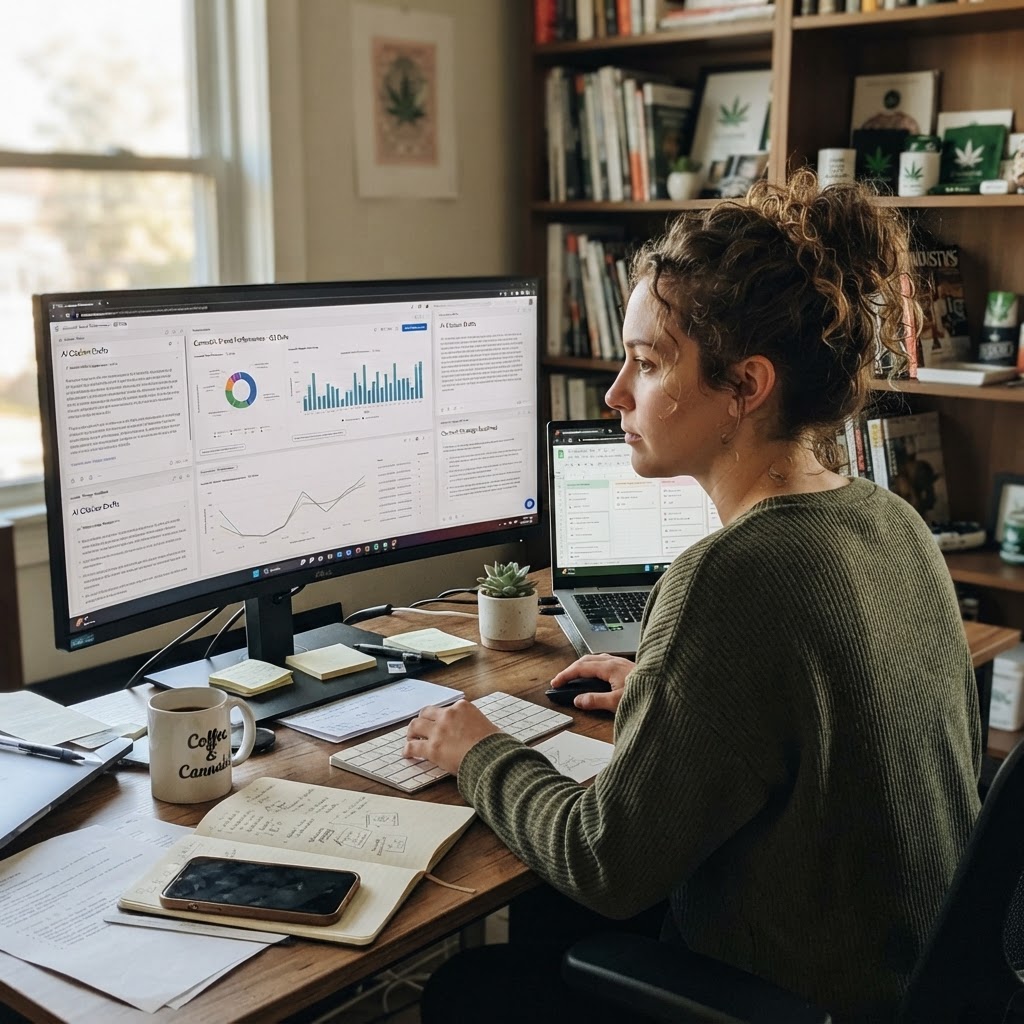 Cannabis brand strategist reviewing AI analytics on laptop