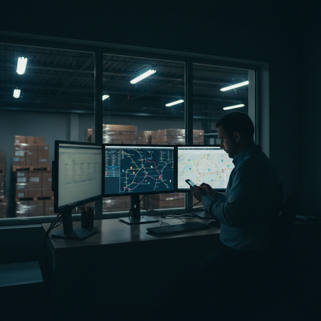 Freight logistics manager reviewing tracking dashboards in warehouse operations center