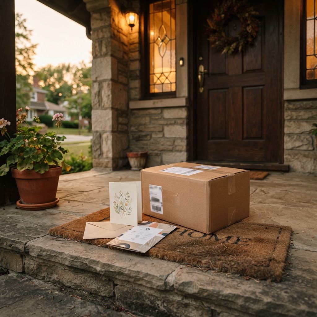 A package at a customer's front door beside a thank-you card and product insert
