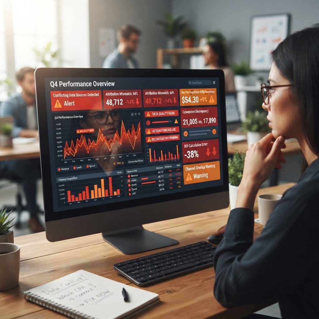 A computer monitor displaying conflicting marketing metrics and analytics data with error indicators.