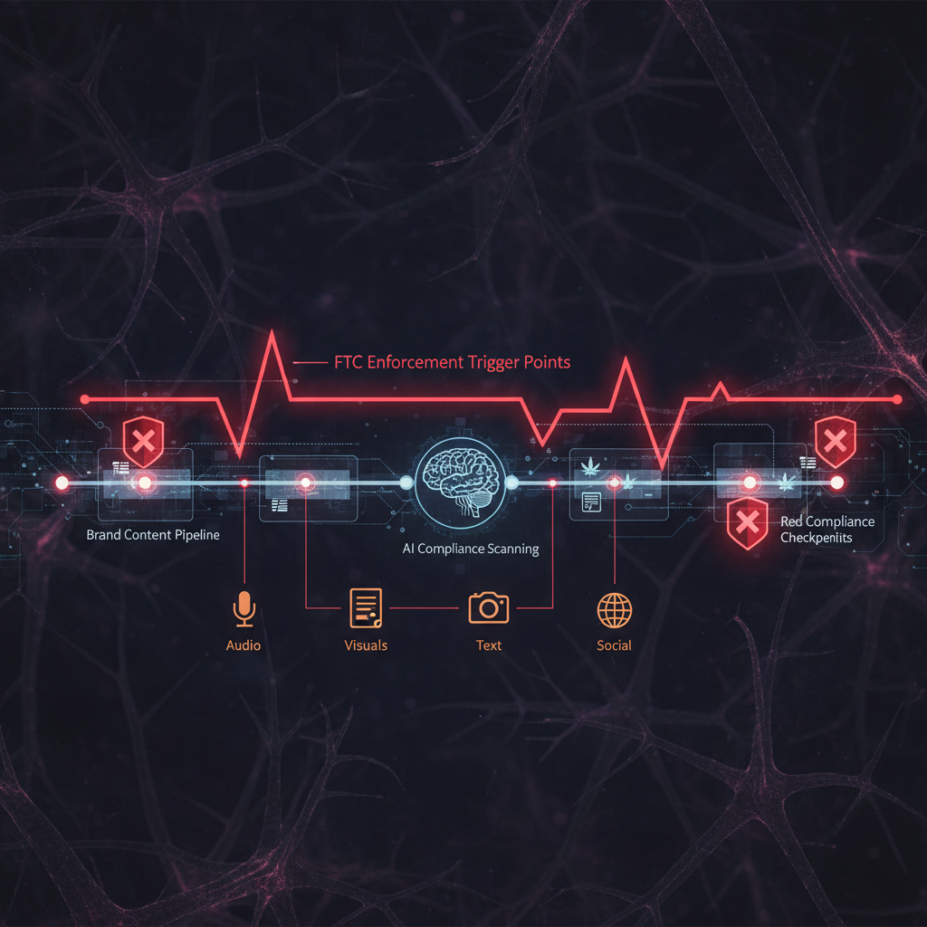Cannabis AI compliance scanning workflow with FTC enforcement trigger points mapped against content pipeline