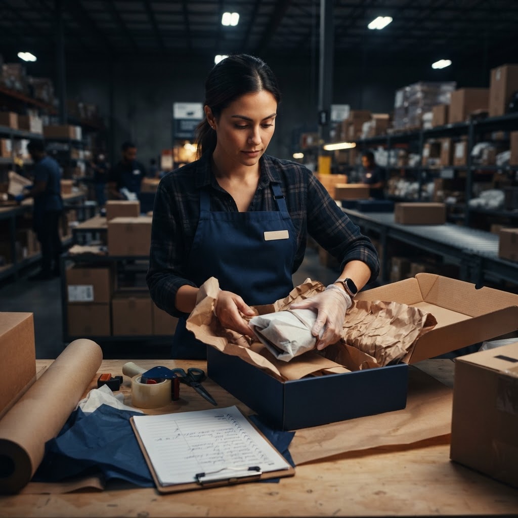 A loyalty strategy can start with something as unglamorous as an accurate pick, pack, and handoff. A warehouse worker packing an ecommerce order with care and a quality checklist