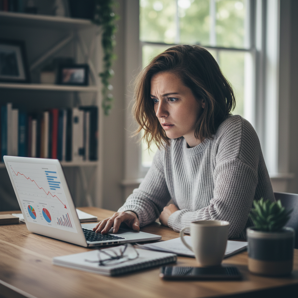 Marketing professional at home desk with concerned expression