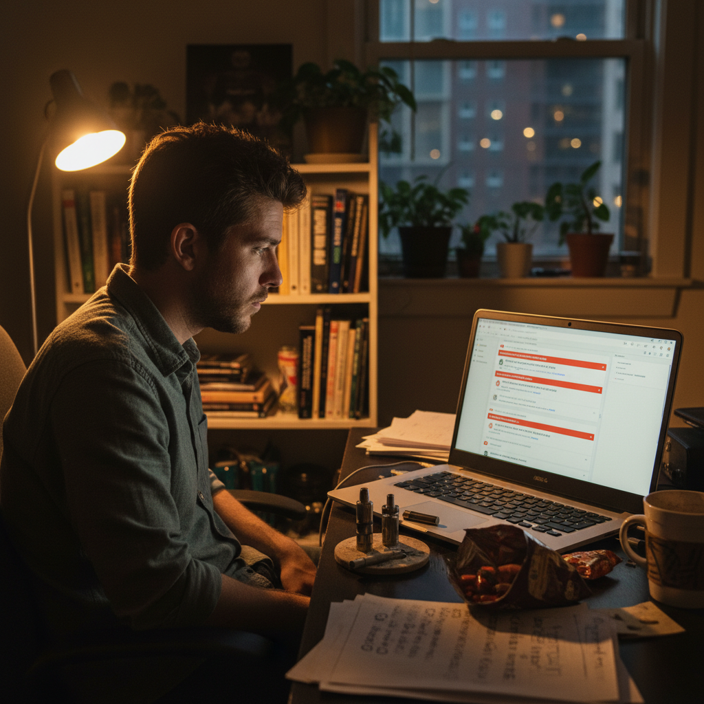 Cannabis marketer staring at personalization dashboard late at night with frustrated expression