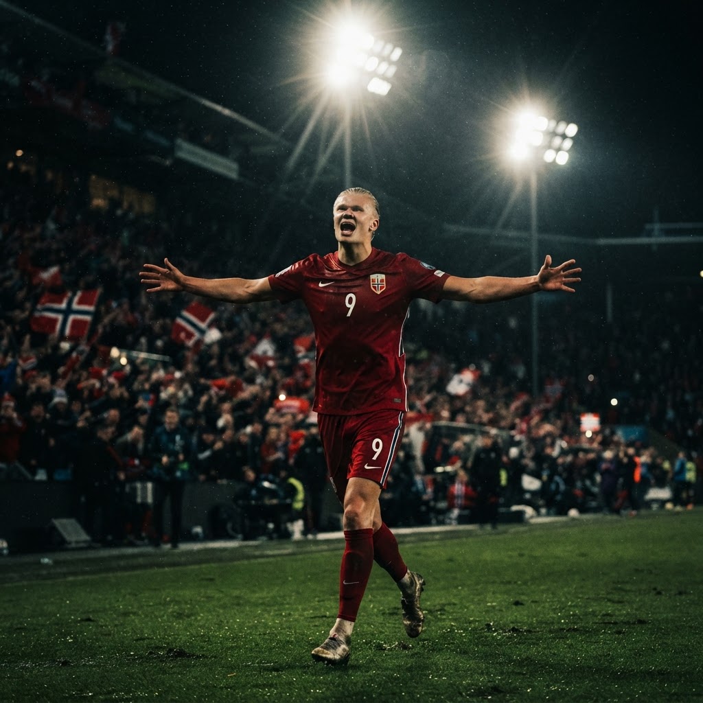 Haaland celebrating after scoring against Brazil