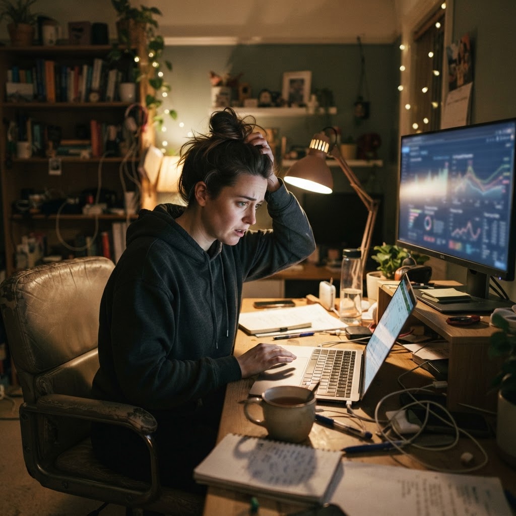 Every invisible workflow eventually becomes someone's late-night cleanup. A marketer in a small home office reviewing blurred cost graphs late at night, candid smartphone photography