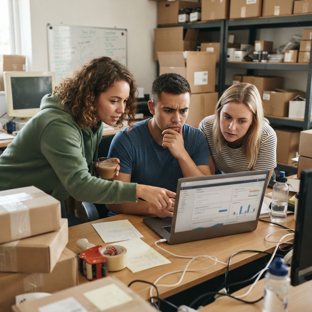 The strongest loyalty work happens when marketing, operations, and support read the same customer story. A candid phone photo of an ecommerce team reviewing shipping feedback in a back office