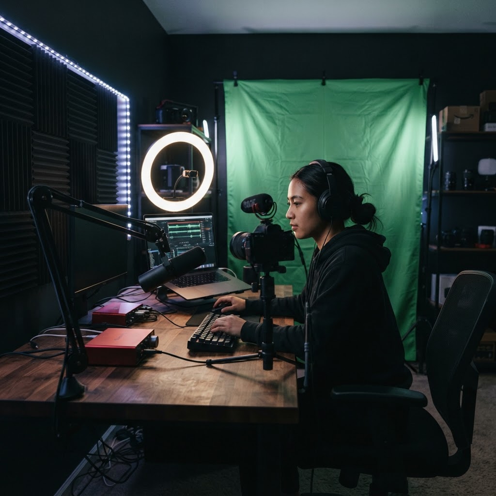 AI virtual influencer at modern tech workspace