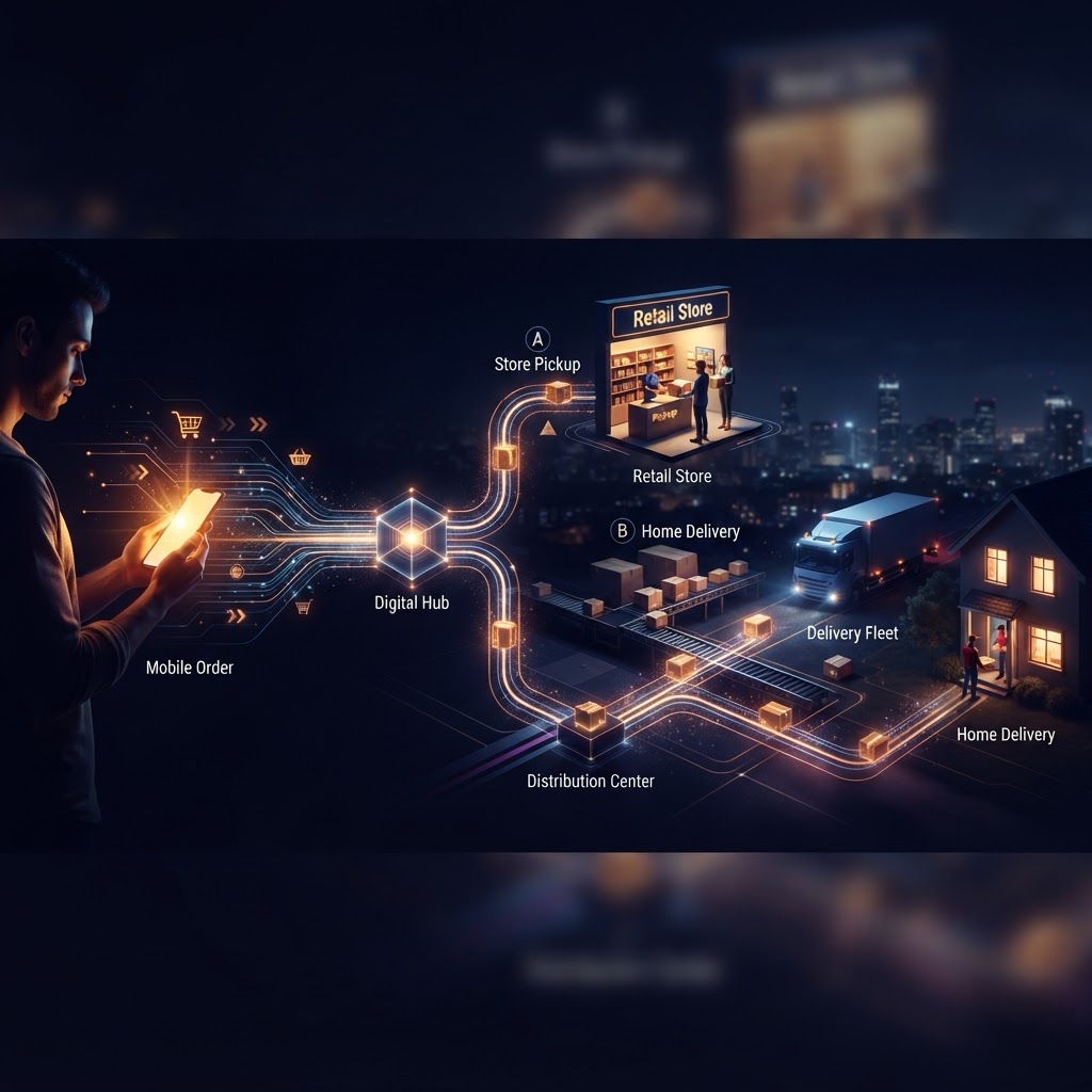 Convenience is a chain of decisions, not a single checkout button. A customer journey from mobile order to pickup and delivery, shown as connected moments.