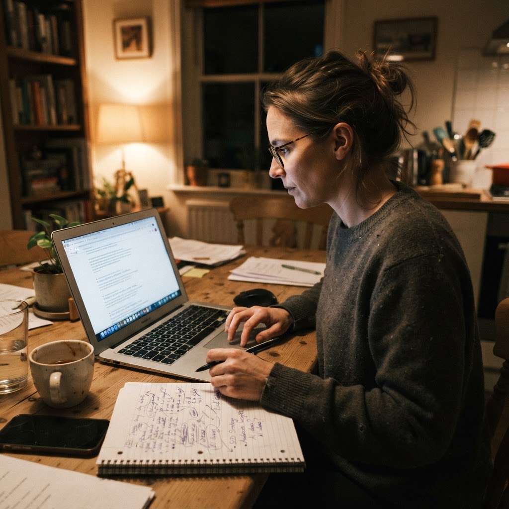 Candid phone-camera photo of a small business marketer reviewing an AI search result at home