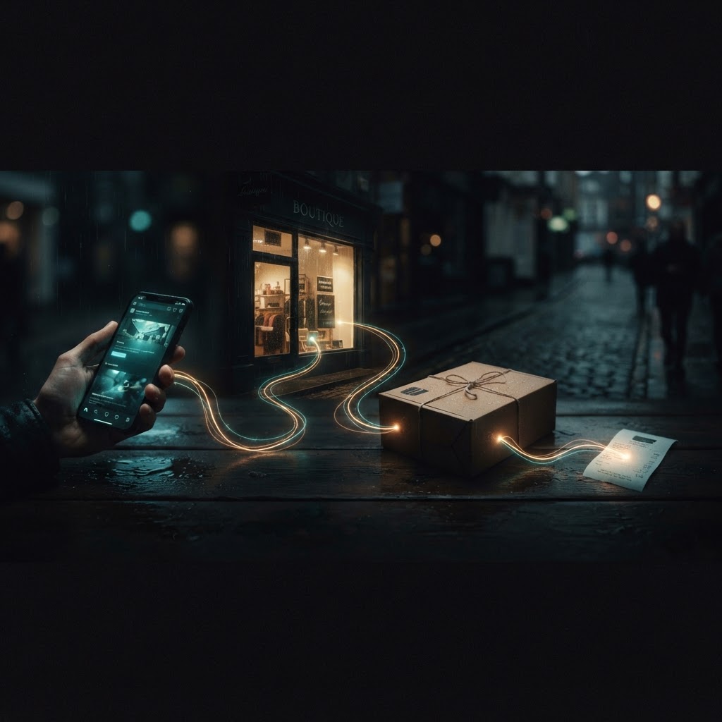 A glowing path of customer touchpoints across a phone, storefront, package, and receipt