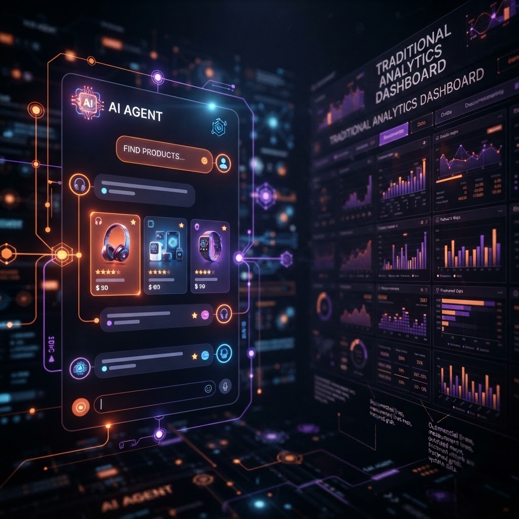 An AI shopping agent recommends products while a traditional analytics dashboard lags behind