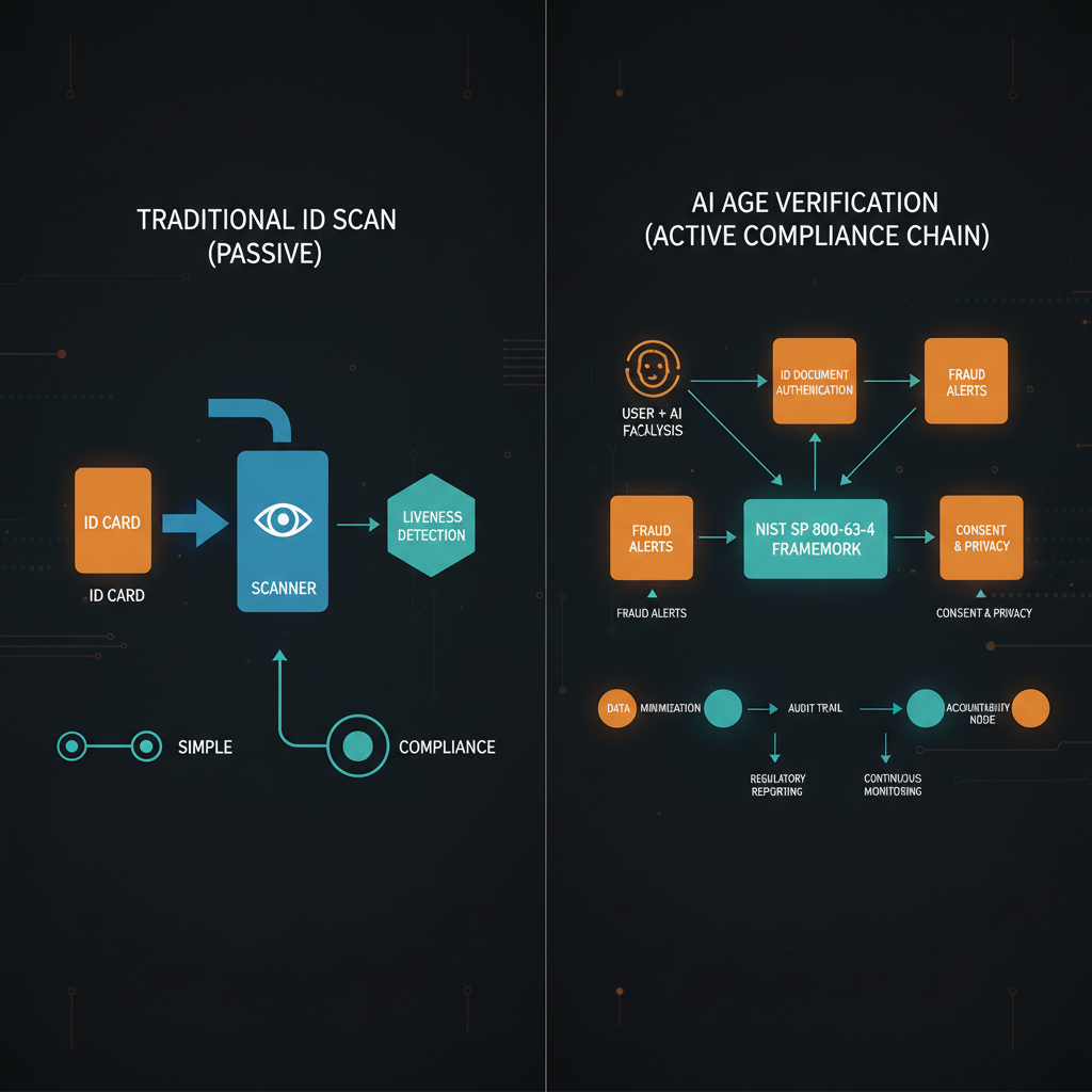 Traditional ID scan versus AI age verification compliance chain under NIST SP 800-63-4