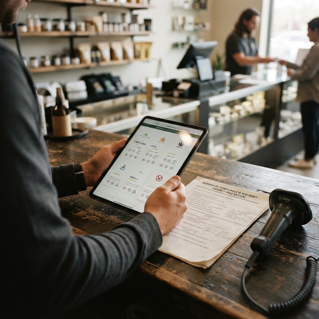 A regulated cannabis product menu is reviewed beside a compliance checklist and barcode scanner