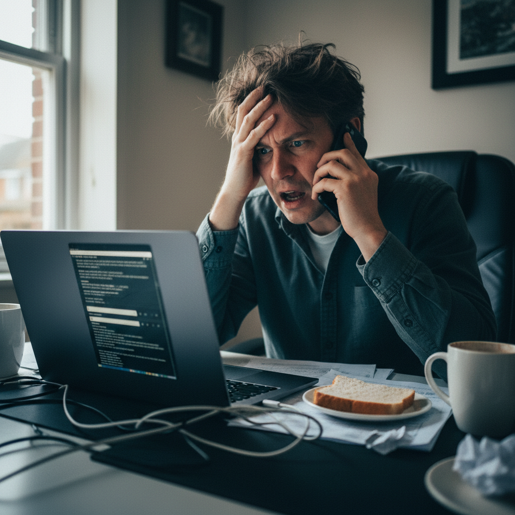 Frustrated person looking at phone with chatbot