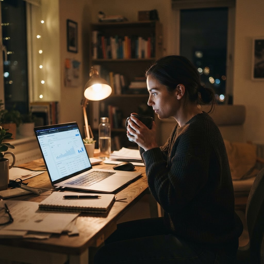 A marketer reviewing an AI advertising dashboard in a real home office at night