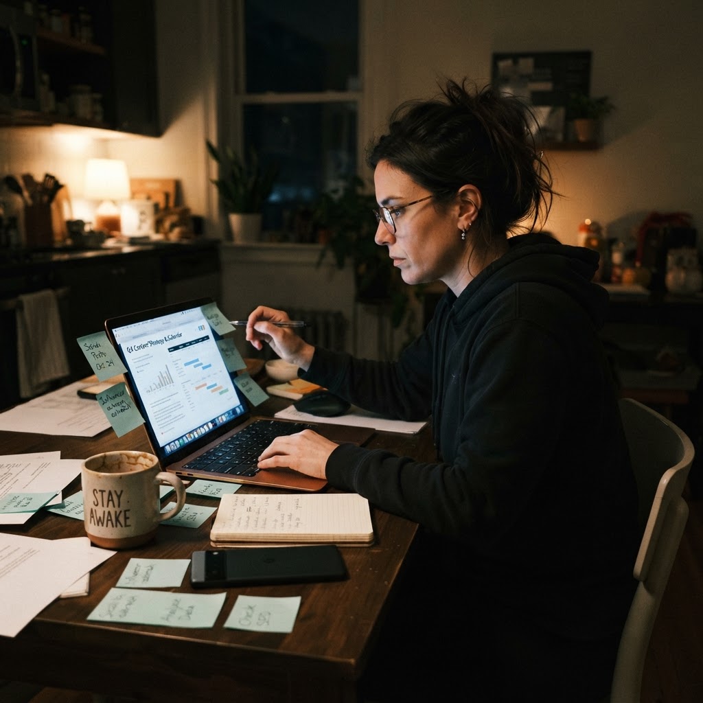The content strategy doc that assumed Google would always be the primary discovery channel Marketing strategist reviewing content plan late at night