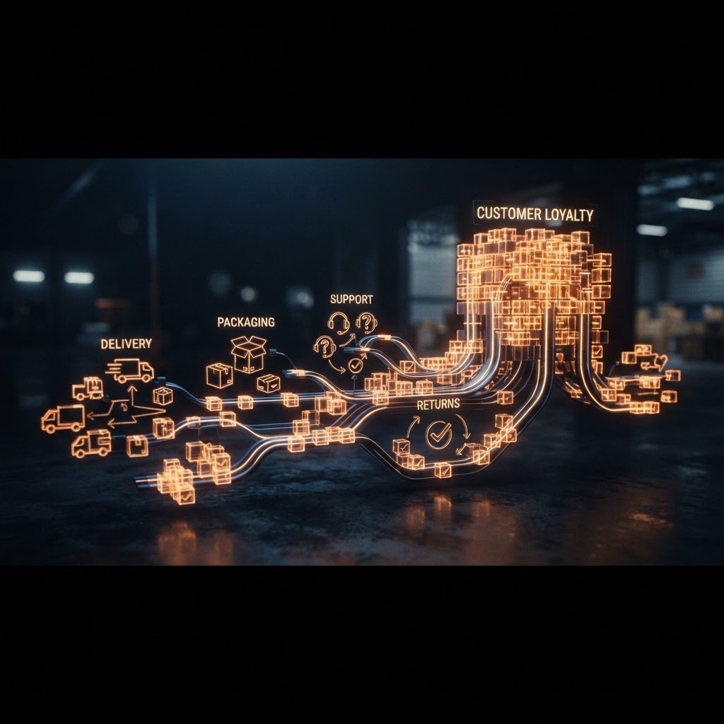 Loyalty is often built in the moments nobody puts in the campaign brief. A dark editorial visualization of loyalty built from reliable delivery, packaging, support, and returns.