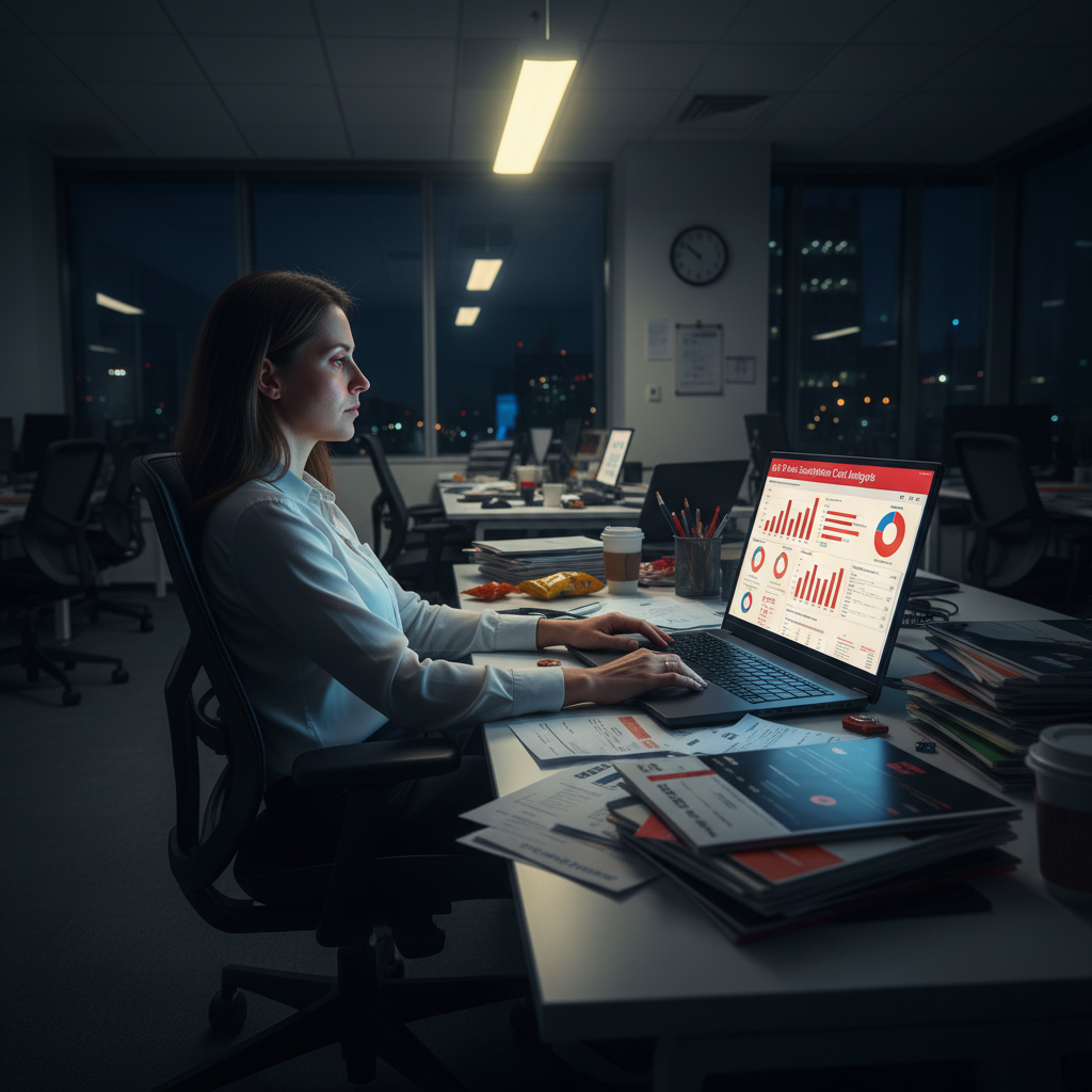 CFO analyzing AI spending across dual monitors