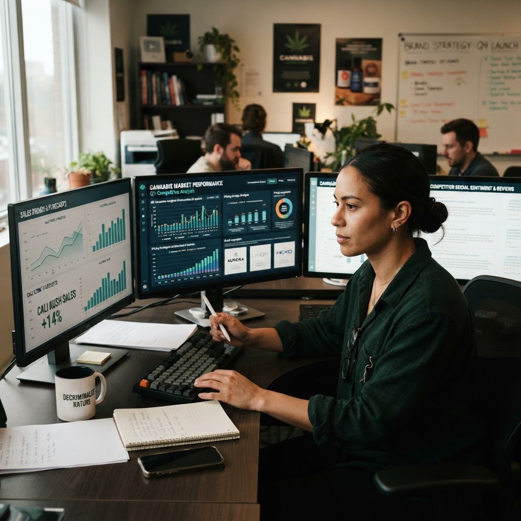 Cannabis brand manager studying competitive AI data