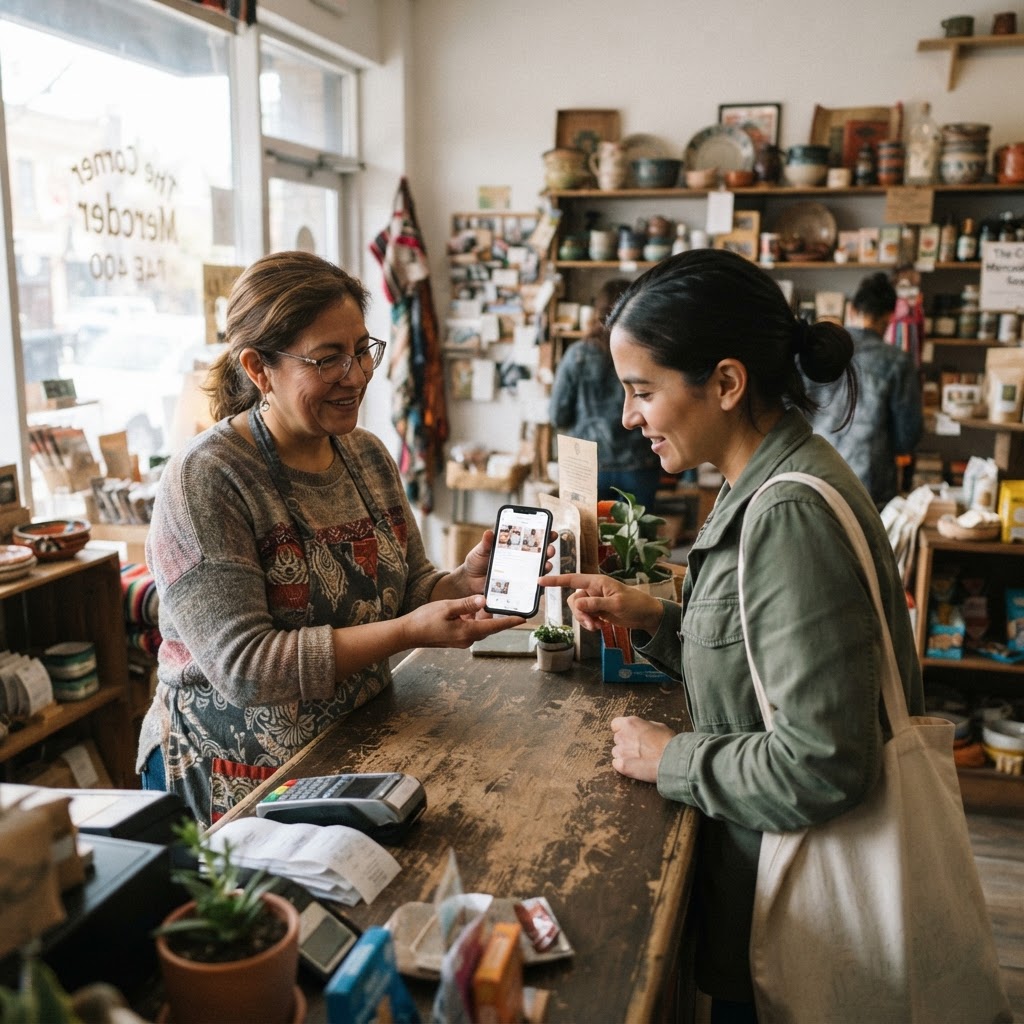 A retail owner and customer reviewing a product page on a phone near a shop counter