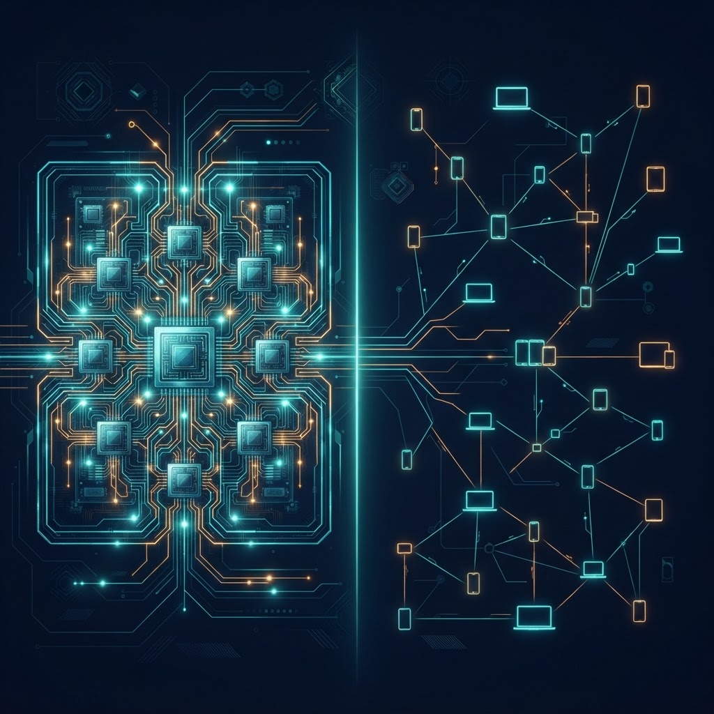 Nvidia's centralized architecture vs. Apple's distributed on-device approach Infrastructure shift from centralized cloud chips to distributed on-device processing architectures