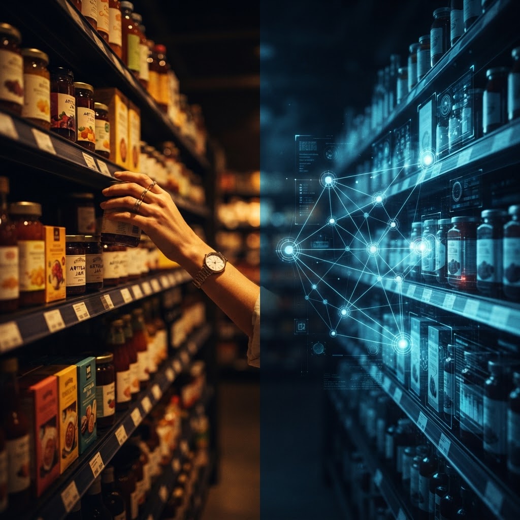 Split screen: human hand reaching for products vs AI neural network selecting products