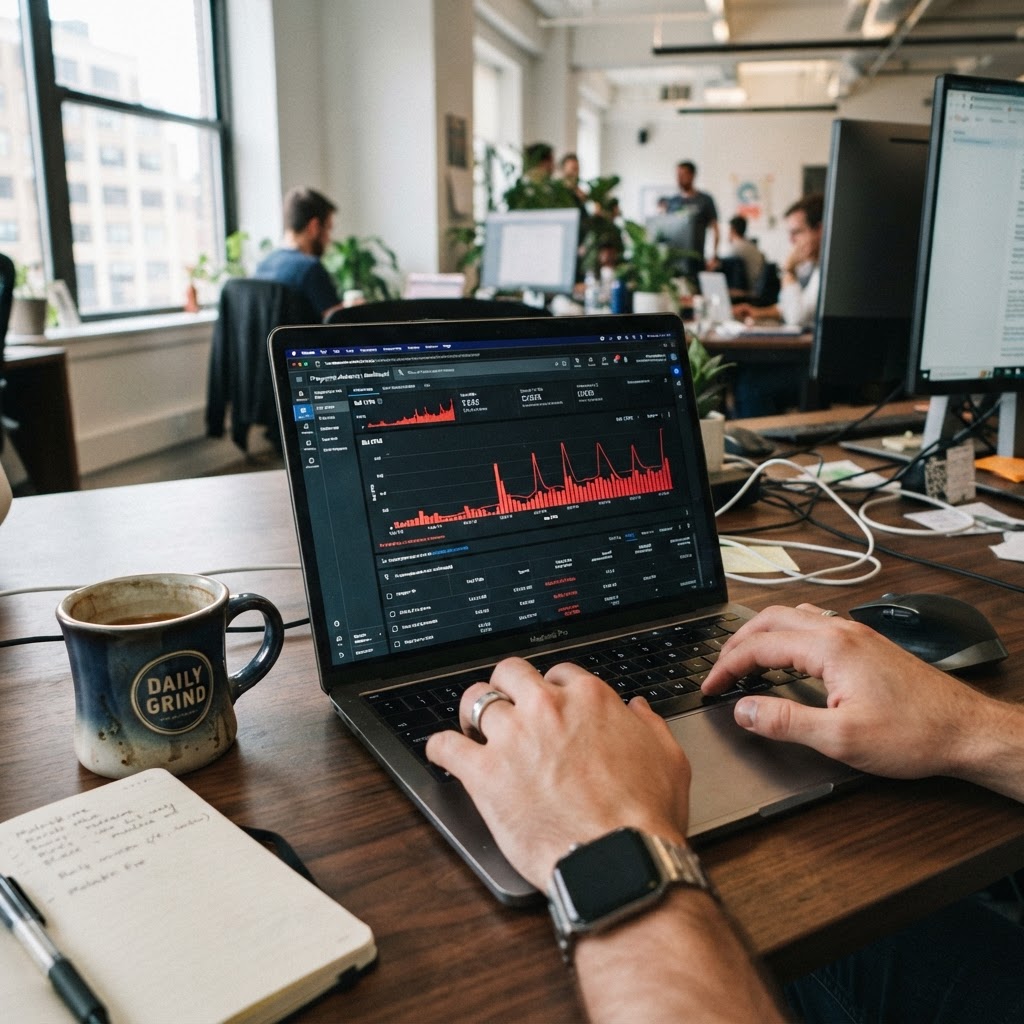 The dashboard shows bids climbing on queries about a scandal that never happened. The system thinks it is doing its job. Media buyer's hands on laptop keyboard, screen showing programmatic advertising dashboard with bid prices spiking in red