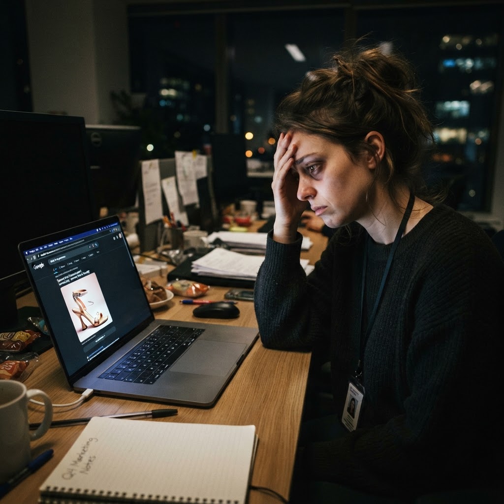 When Google draws your product and gets it wrong, there's no edit button. Marketer staring at a screen showing a Google AI Overview with an inaccurate brand image, candid phone camera shot, frustrated expression, dark office